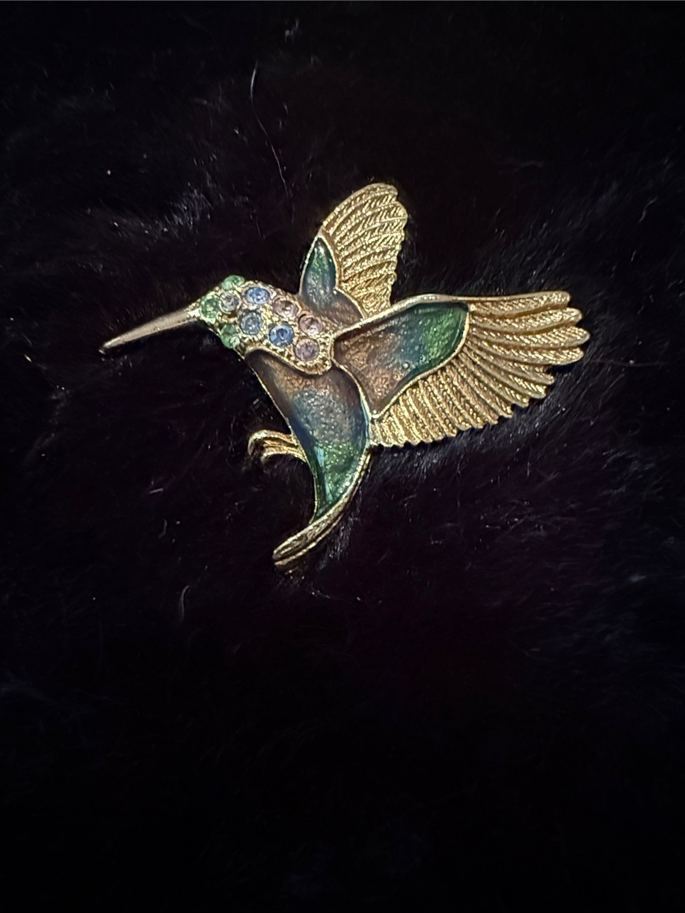 SFJ Gold Tone Hummingbird Brooch with Blue Green Enamel and Rhinestones.